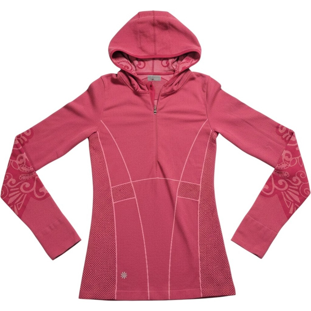 Athleta Pink Seamless Floral Jacquard Quarter Zip Hooded Running Top Size M